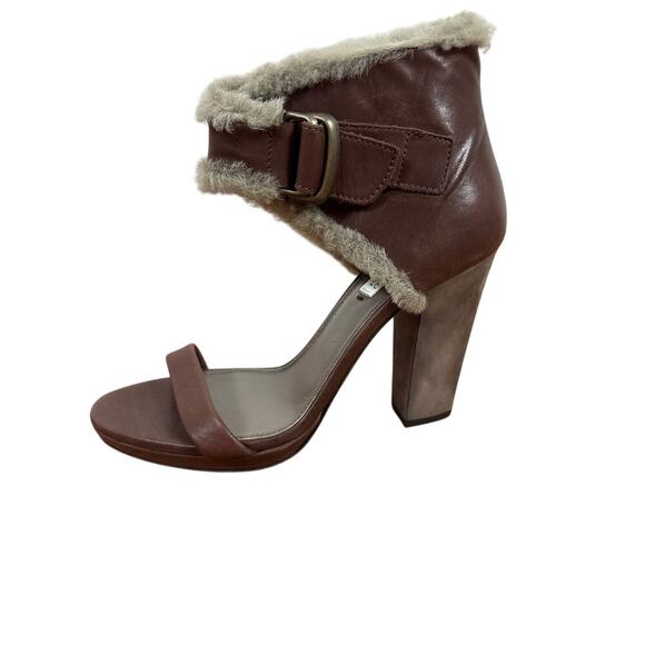 B45 BRUNELLO CUCINELLI Leather Fur Trim Heels Block Sandals EU 36 US 6 - Picture 6 of 12